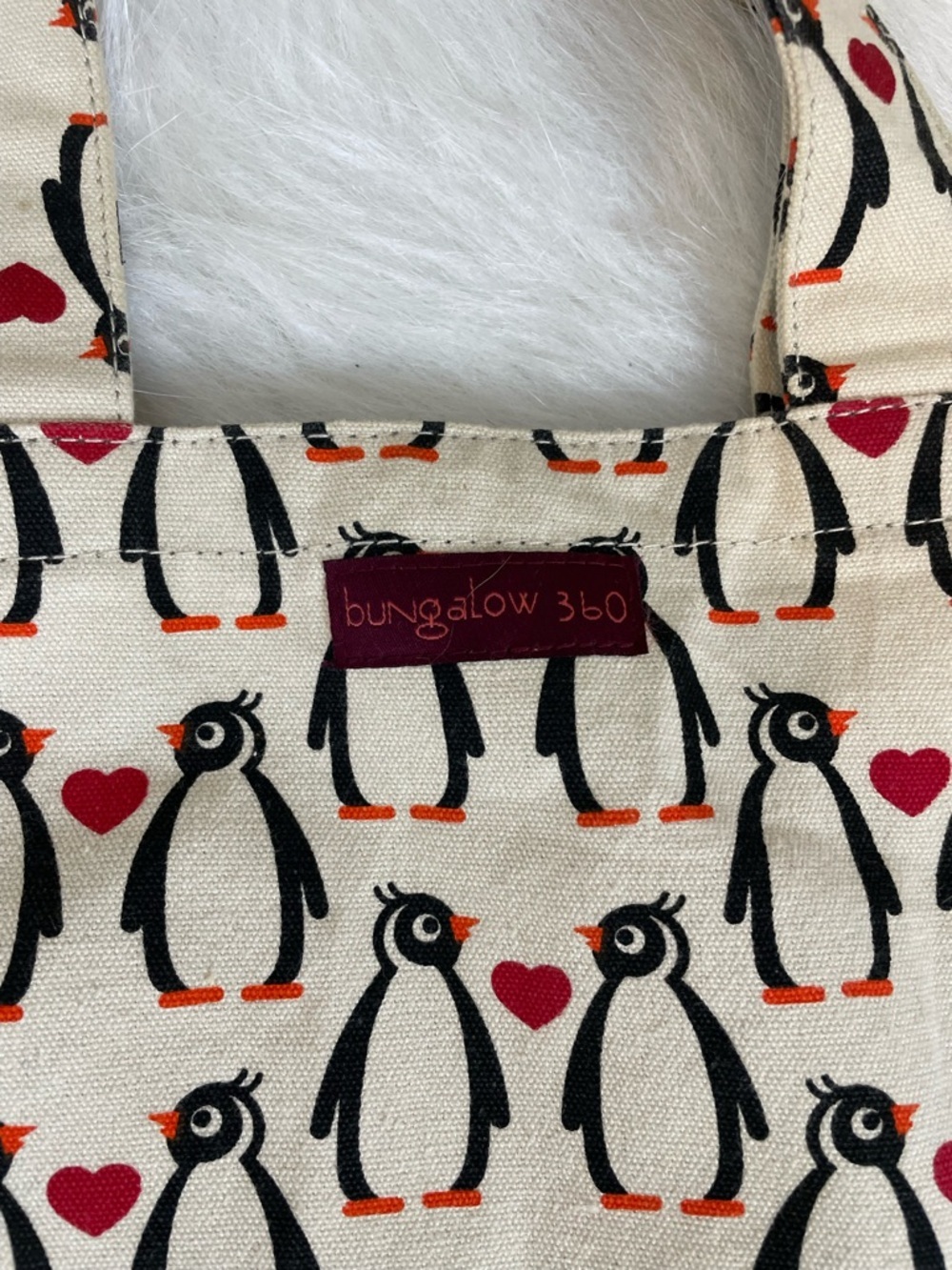Bungalow 360 Penguin Print Canvas Tote Bag in Cream and Black with Red Accents - Picture 3 of 11
